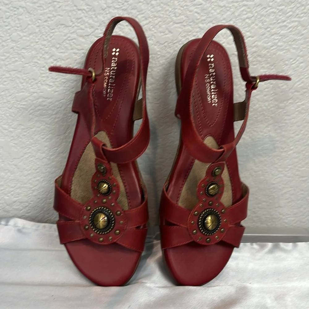 Naturalizer Red Leather T-Strap Sandals with Brass Accents - Picture 2 of 10